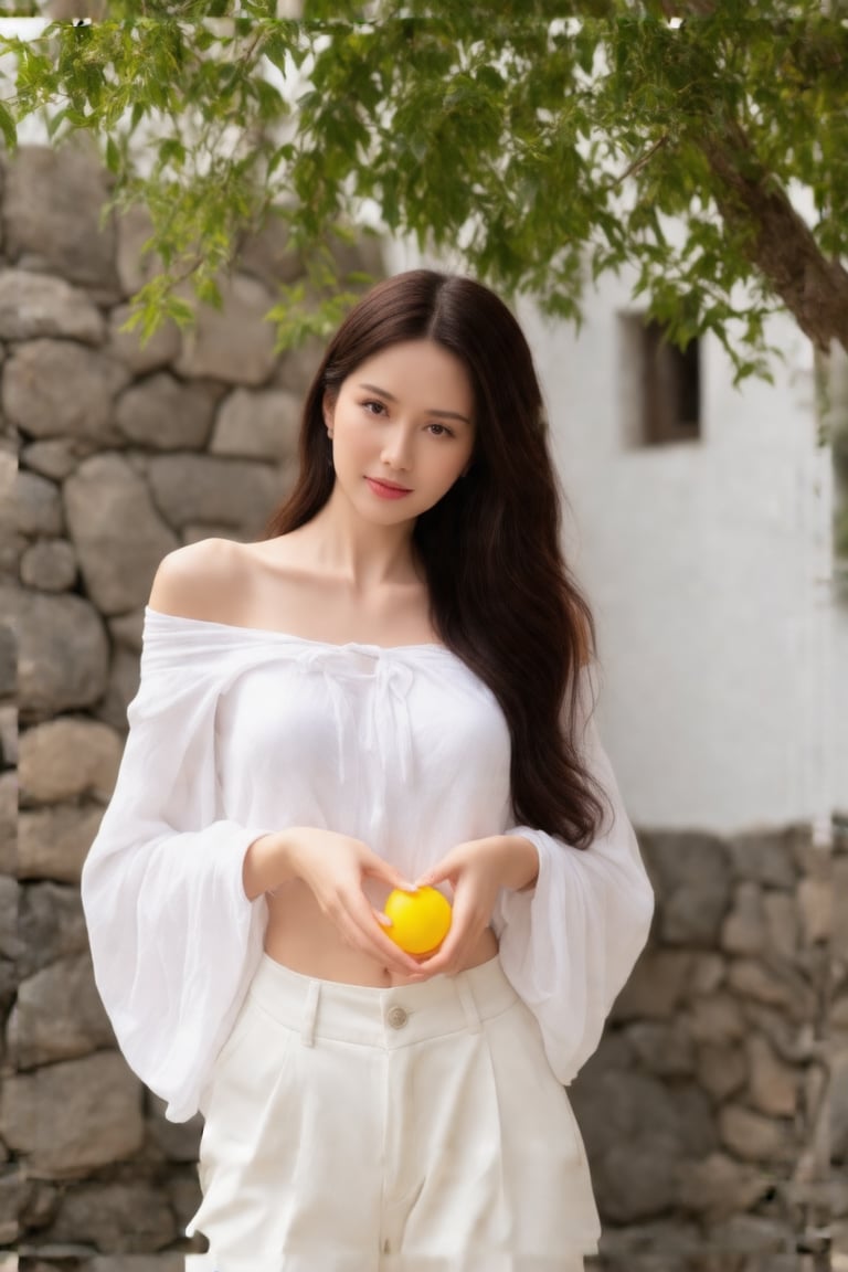 a woman with long dark brown hair, wearing a white off-the-shoulder, long-sleeved shirt and a pair of white pants, is stunning. She is holding a small, round, yellow object in her hands, adding a pop of color to her outfit. The backdrop, a stone wall, and a tree with green leaves, adds a touch of greenery to the scene. A white building can be seen in the background.