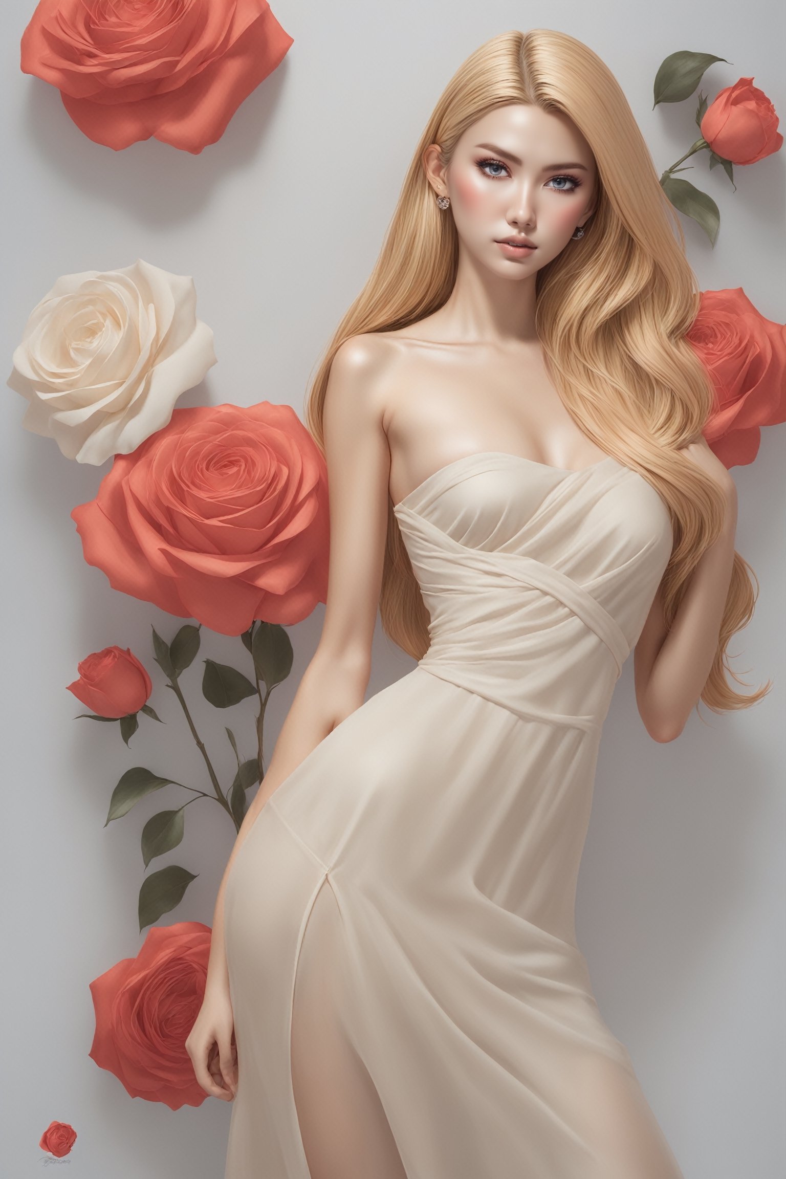 Create a modern-styled sketch portrait in silk textured paper of a gentle lady inspired by roses and love, utilizing the vibrant color palettes and sleek lines reminiscent of the works by Chinese contemporary artist Zhang Xiaogang, background is full of roses abstracts,xxmix_girl,Enhanced All,Long Legs and Hot Body,Unique Masterpiece