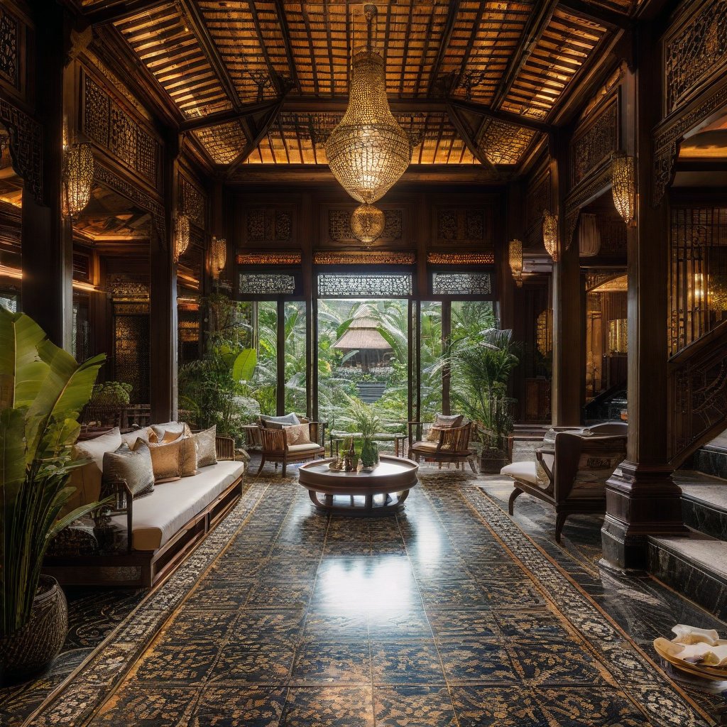 Create an image of an opulent Indochina resort showcasing an awe-inspiring interior design. The scene captures a spacious, open-concept lobby with high ceilings, adorned with intricate wood carvings and traditional silk fabrics. The lighting is soft and warm, highlighting the luxurious textures and vibrant colors of the decor. The composition includes elegant furniture pieces, lush tropical plants, and a grand chandelier. The overall atmosphere exudes a blend of modern luxury and traditional Indochinese charm, inviting viewers to experience the resort's captivating ambiance.