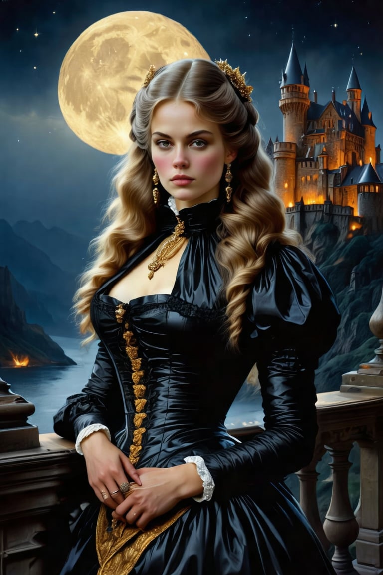 Elegantism, opulent scene, full portrait of a Victorian lady, heroic, black clothes, gold trim, full moon, castle, head and shoulders portrait, 8k resolution. (masterpiece, top quality, best quality, official art, beautiful and aesthetic:1.2), (1girl:1.4), upper body, blonde hair, portrait, extreme detailed, in the style of esao andrews