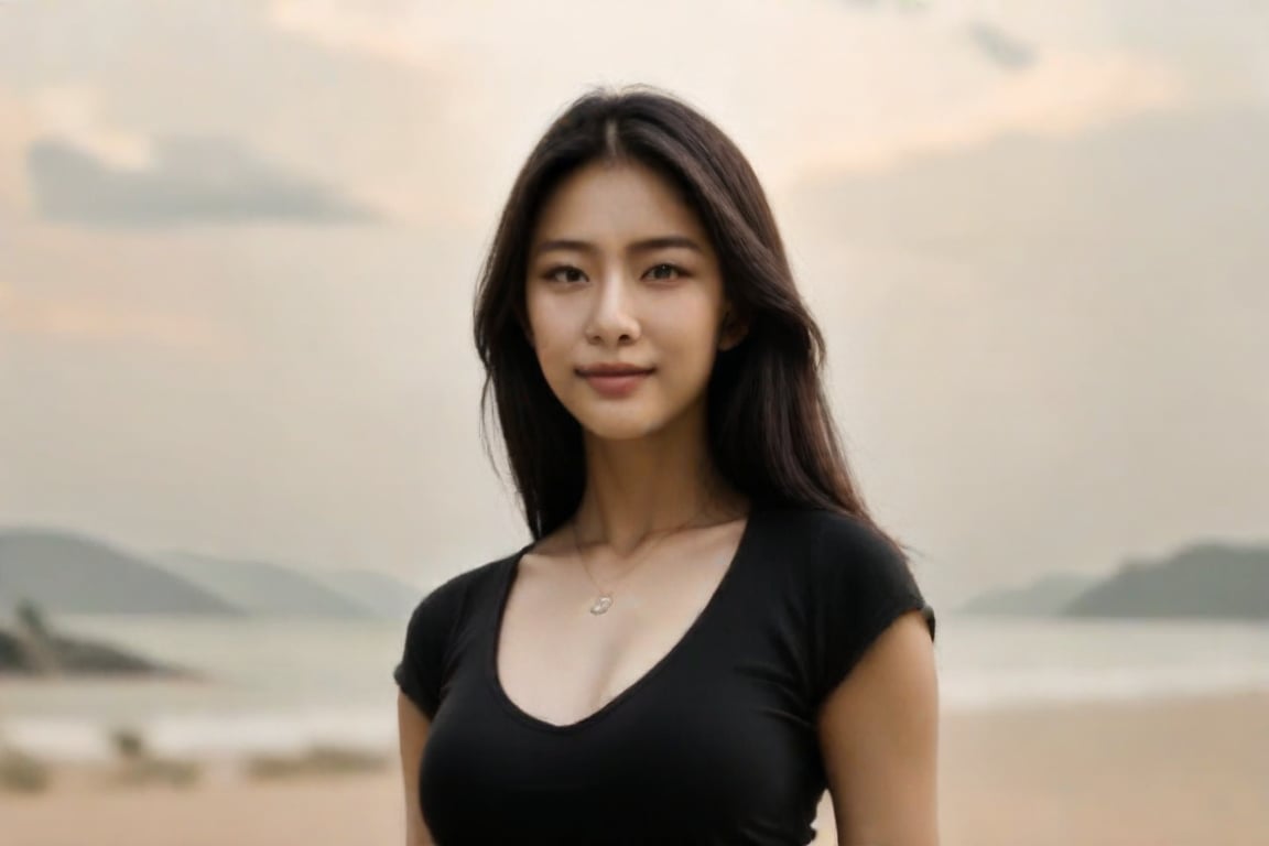 A portrait of a woman with long, dark hair and a black top, standing against a vague background. Her facial expression is neutral, eyes cast slightly downward. She presents a sense of serenity and calmness. Her attire is simple yet elegant, drawing attention to her subtle yet captivating presence.,Indochina,Supreme,Buhhdism 3555