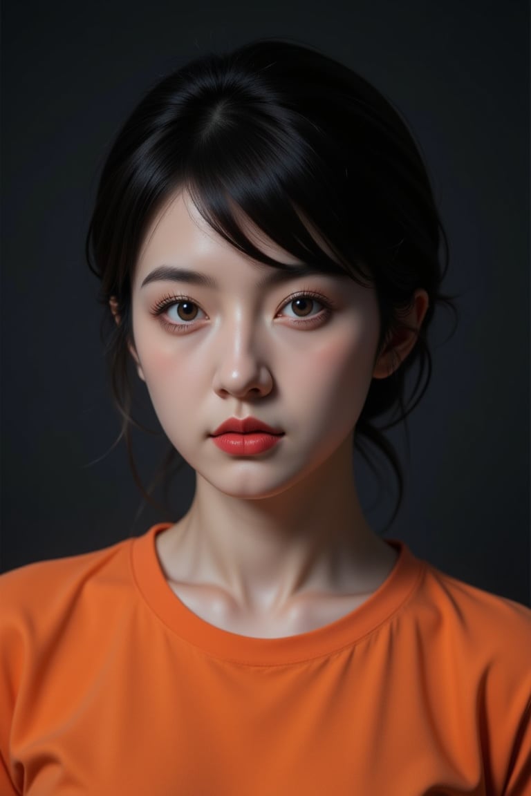 Generate hyper realistic close portrait of a beautiful girl, short messy black hair with a punk cut, dark background, orange t-shirt, very detailed beautiful eyes. Very detailed, provocative face, (dynamic provocative pose),   soft colors artwork, hight detailed,