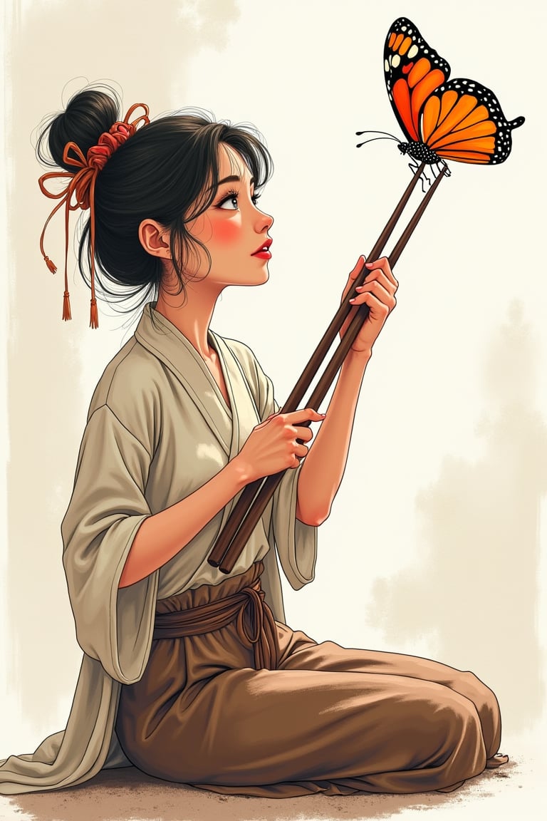 1 female teacher with her huge chopsticks ready to cath a butterfly,Drawing style