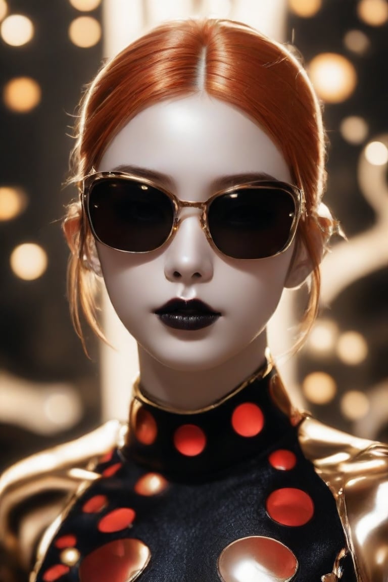 The image depicts a portrait of a person with stylized features. The a woman wears and wears black dots on her head, in the style of futuristic fantasy, 3d, metallic sculpture, elegant, emotive faces, dark Orange and red and light silver,her eyes wearin a futuristic sun glasses algorithmic artistry, high resolution. The background is blurred with hints of gold tones, which serve to highlight the subject without distracting from the intricate details of the jewelry and makeup.,1girl,Supreme