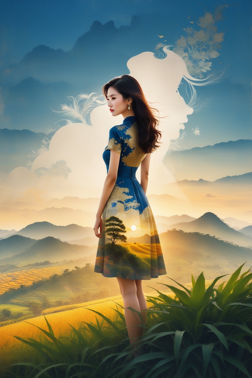 a photograph of a double exposure of a young white skin Vietnamese woman standing in front of a countryside skyline, her silhouette filled with the intricate details of sigital illustrations. The Vietnamese symbols matched her dress, transforming her into a patriot goddess with the concrete jungle at her command.,Replay1988,Melody,Perfect skin,Wonder of Beauty,Slender body