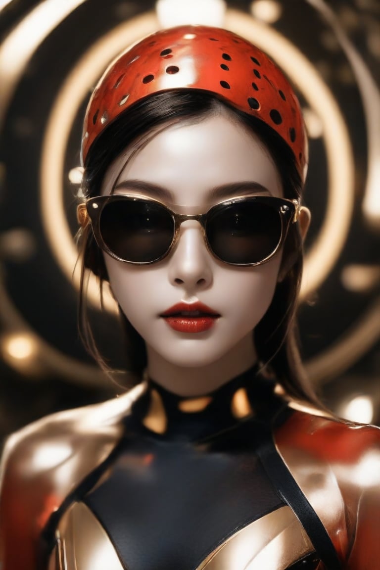 The image depicts a portrait of a person with stylized features. The a woman wears and wears black dots on her head, in the style of futuristic fantasy, 3d, metallic sculpture, elegant, emotive faces, dark Orange and red and light silver,her eyes wearin a futuristic sun glasses algorithmic artistry, high resolution. The background is blurred with hints of gold tones, which serve to highlight the subject without distracting from the intricate details of the jewelry and makeup.,1girl,Supreme