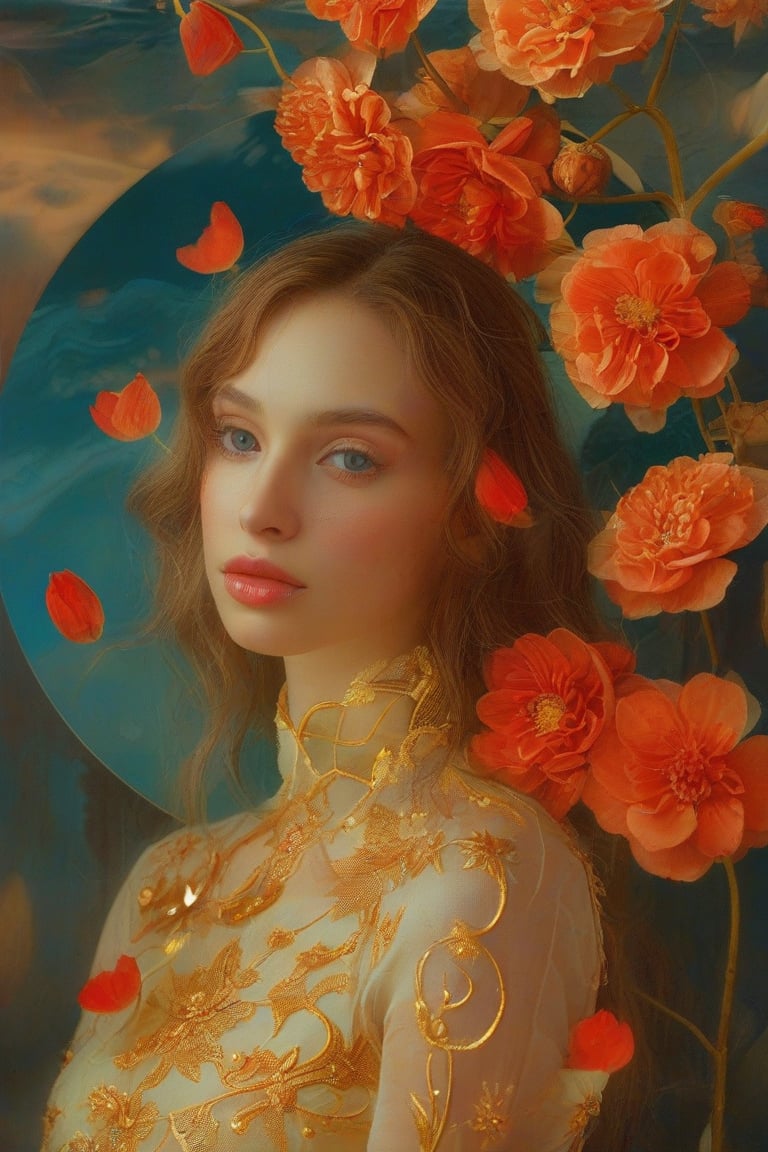 (1girl, face focus, medium shot, gracefully, golden petals and red flowers form intricate patterns against the backdrop of the moon, reminiscent of the styles of Yoann Lossel, Cyril Rolando, Nan Goldin, Lee Bontecou, and Loish), Detailed texture, High quality, High resolution, High precision, Realism, Color correction, Proper lighting settings, Harmonious composition, Behance Works,detail-rendering,Watercolor,Realistic Enhance,redhead,Elite