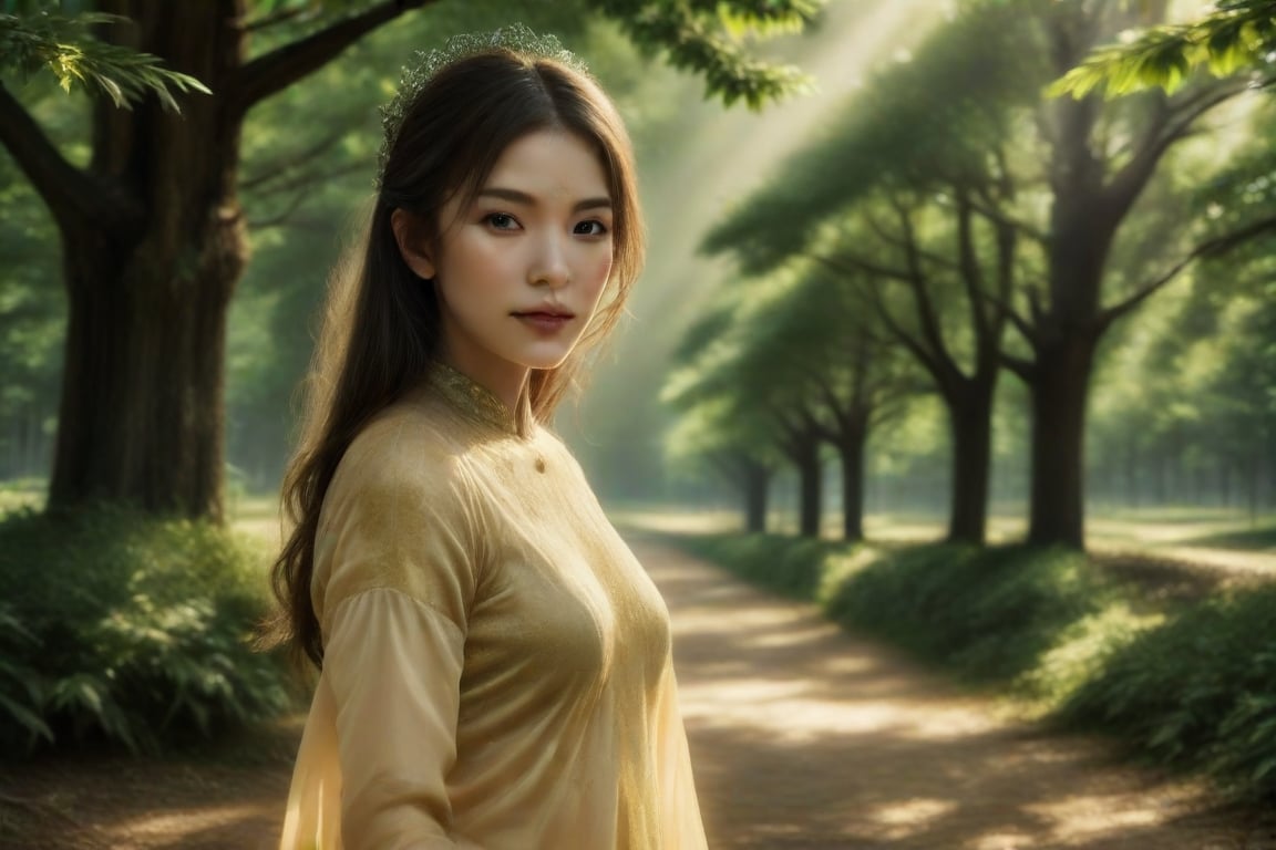 Truly Asian Beauty stands serenely amidst the mystical Indochinese forest, her porcelain skin glowing with a soft, ethereal light that weaves through the misty veil. Her delicate features are bathed in the warm, golden radiance, as if kissed by the gentle morning sun.,Indochina