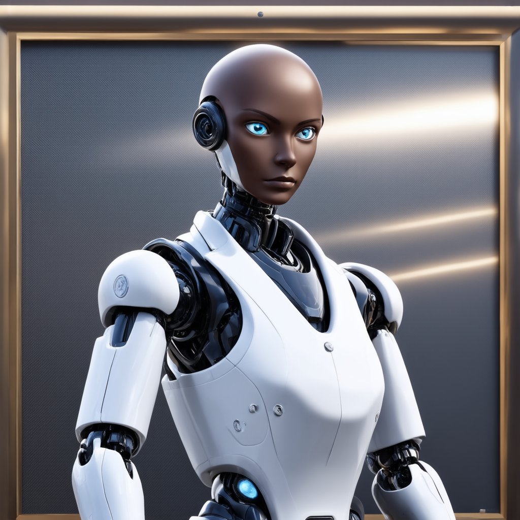 Close-up shot of a solitary humanoid robot, its African-skinned facial features radiating confidence against a sleek metallic backdrop. The robot's slender figure stands firm in a crisp white lab coat, exuding innovation and intellectual curiosity. Its gleaming eyes seem to hold the weight of scientific ingenuity as it prepares to take on the world. Framed by the industrial landscape, the robot's pose embodies determination and forward-thinking.