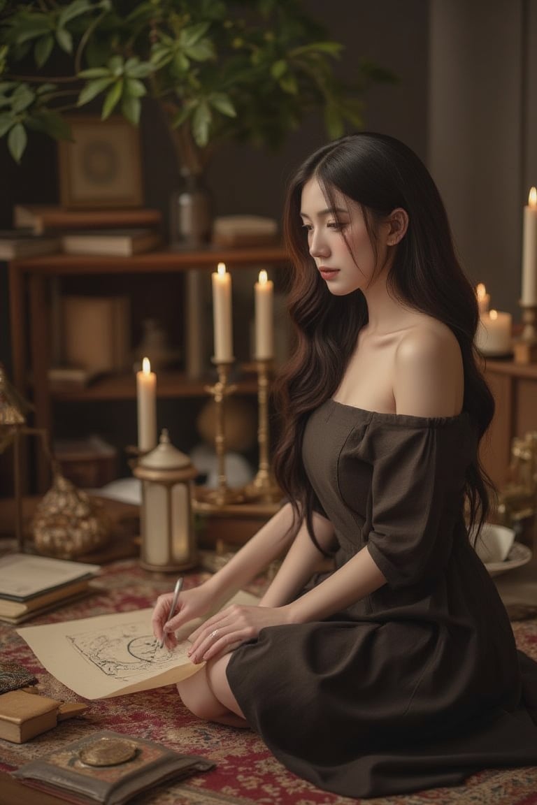 Masterpiece of medieval manuscript elegance, a top-quality illustration featuring a beautiful and aesthetically pleasing female astrologer. In the midst of a dimly lit, ornate chamber, she sits cross-legged on a richly textured rug, surrounded by ancient tomes and mystical artifacts. Her hands move swiftly over parchment, transcribing celestial secrets in an exquisite script reminiscent of Gustave Moreau's finest works. The camera captures her profile, illuminated by a warm, golden glow emanating from the candles that dance around her, as if the very essence of the stars has descended upon this scene.,Art