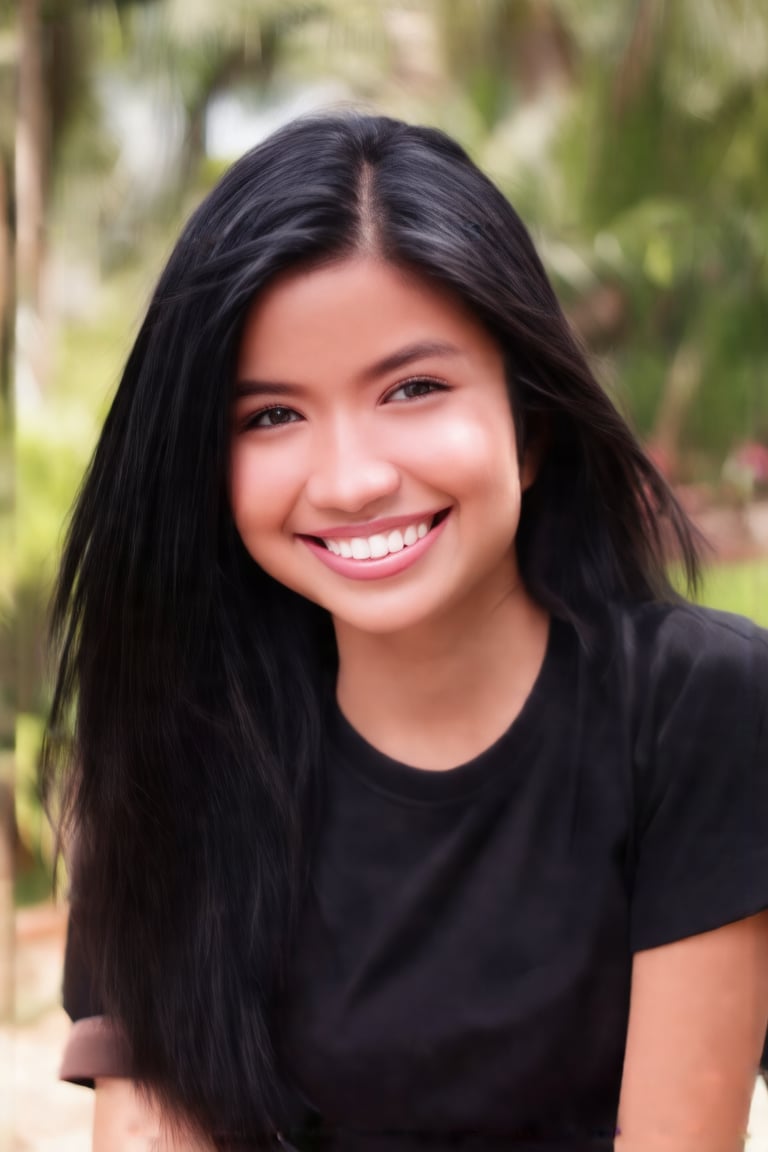 22 year old south-asian girl with beautiful thin, sharp and long face having wavy, dense, long and thick black hairs, light smiling through light pink lips wearing black tshirt with garden in background,Extremely Realistic