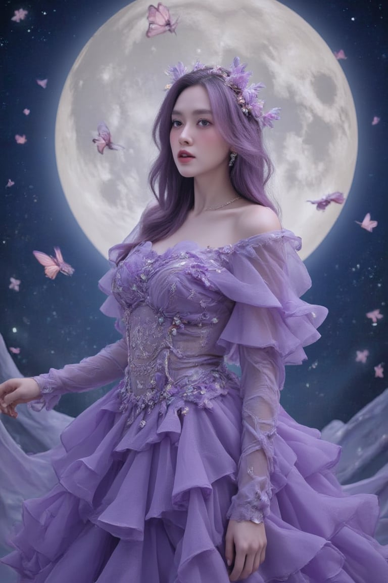 Here's a potential digital illustration based on your description:  -Title:- 'Moonlit Enchantress'  -Image:-  The illustration features a fantastical, ethereal woman standing against a backdrop of a large, glowing moon and a shimmering, starry night sea. Her hair flows like a river of purple, with intricate, delicate strands that seem to come alive in the moonlight.  She wears a stunning, ornate gown that's been meticulously designed to showcase her beauty and elegance. The gown is a deep, rich purple color, with intricate flower patterns and sparkling jewels that catch the light. Her headpiece is a masterpiece of complexity, with delicate, curved petals and glittering gemstones that seem to shimmer and shine.  Around her, a halo of light and butterflies creates a magical aura, as if she's conjuring up the very essence of the moon and sea. The moon above casts a soft, gentle glow over the scene, illuminating the waves and creating a sense of peace and tranquility.  -Color Palette:-  - Deep, rich purple for the hair and gown - Soft, shimmering blue for the moon and sea - Delicate, pale pink for the flowers and gemstones - Gold and silver for the jewelry and accents  -Style:-  The illustration is done in a highly detailed, realistic style, with a focus on capturing the beauty and elegance of the subject. The character is rendered in a lifelike way, with intricate textures and patterns that add depth and dimension to the image.  -Mood:-  The mood of the illustration is one of enchantment and mystery, capturing the essence of a magical, otherworldly moment. The subject's serene, ethereal expression and the dreamlike quality of the scene create a sense of wonder and awe, as if the viewer has stumbled upon a hidden, mystical world. 