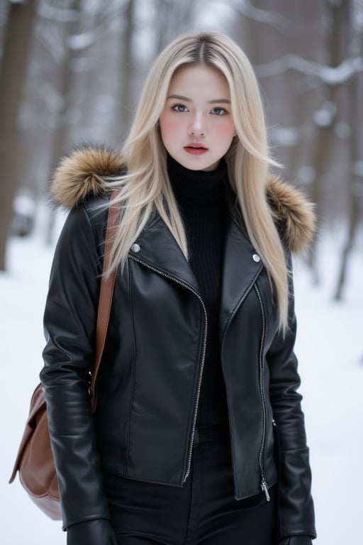 Captured at eye-level, a blonde woman stands in a winter scene, her hair cascades over her shoulders. She is dressed in a black leather jacket, a brown leather backpack, and black gloves. Her coat is adorned with a brown fur hood, adding a touch of warmth to her outfit. The background is blurred, creating a stark contrast to the woman's outfit.