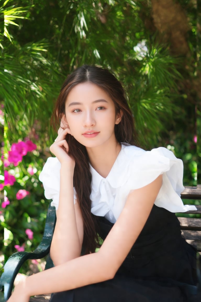 A serene masterpiece captures a young woman in her early twenties sitting on a park bench in high definition (HDR:1.2). Her gentle expression radiates sincerity, framed by lush greenery and vibrant flowers. Soft natural light falls upon her, illuminating the subtle curves of her modern attire and effortless hairstyle. The peaceful atmosphere invites contemplation, as if inviting the viewer to pause and appreciate the simple beauty of this young woman amidst nature's wonder.