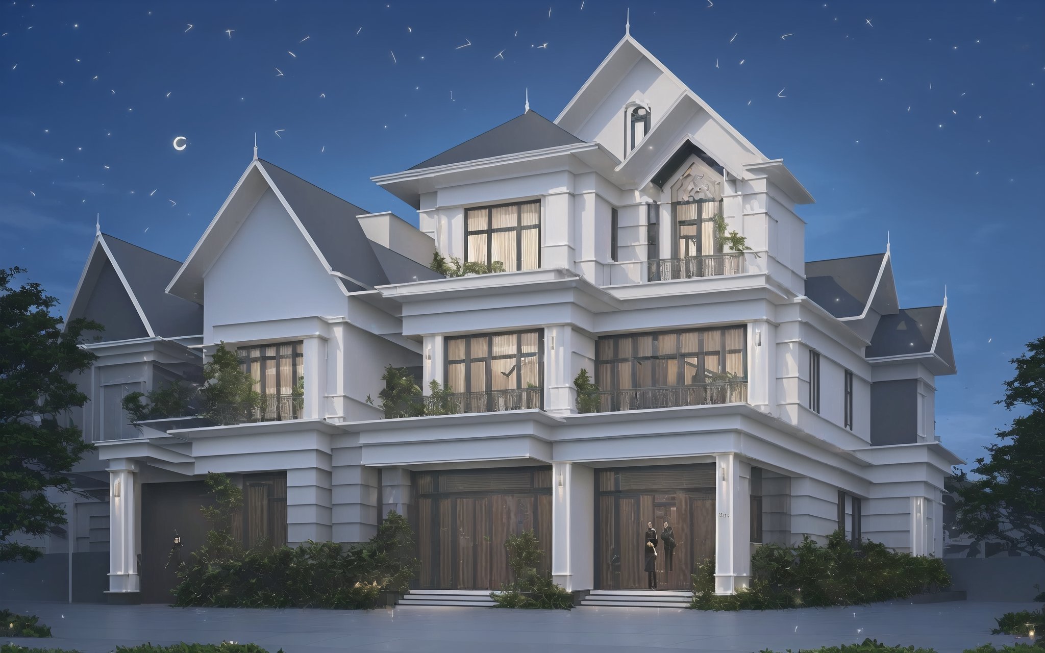 (best quality, masterpiece, high_resolution:1.5), facade design plan for a house in Vietnam, with wonderful and luxury exterior style by Zaha Hadid. Dark Glass and LED lighting make the facede of this 3 layers house look awesome . Night light from lamps and moon.,firefliesfireflies,Thai style roof