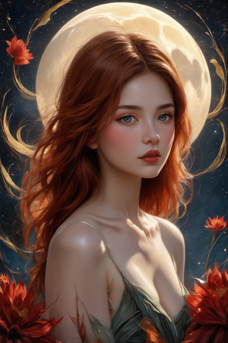 (1girl, face focus, medium shot, gracefully, golden petals and red flowers form intricate patterns against the backdrop of the moon, reminiscent of the styles of Yoann Lossel, Cyril Rolando, Nan Goldin, Lee Bontecou, and Loish), Detailed texture, High quality, High resolution, High precision, Realism, Color correction, Proper lighting settings, Harmonious composition, Behance Works,detail-rendering,Watercolor,Realistic Enhance,redhead