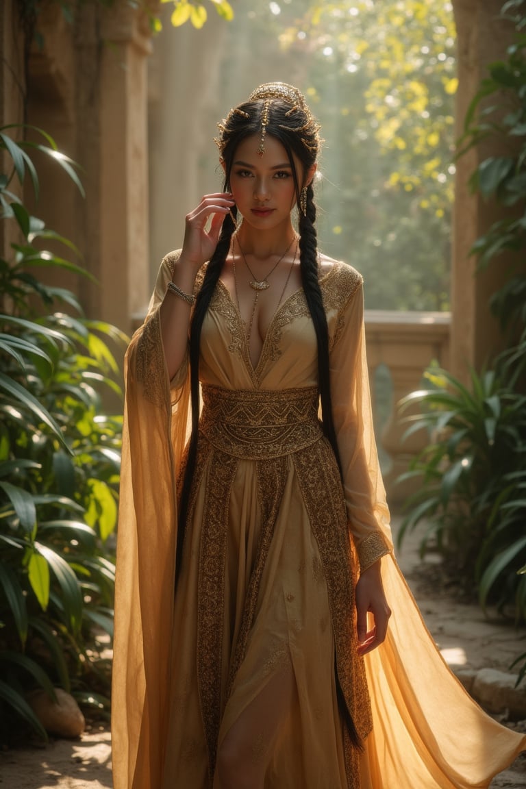 A mystical atmosphere envelops a lone figure, reminiscent of Scheherazade's opulent elegance. The young woman, dressed in flowing robes with intricate patterns, stands amidst lush greenery and ancient architecture. Soft, golden light filters through the foliage, casting warm tones on her porcelain skin. Her piercing gaze meets ours, as she gently adjusts her ornate headdress. Earthy hues of the surroundings harmonize with her attire, as if the environment itself has infused into her very being.