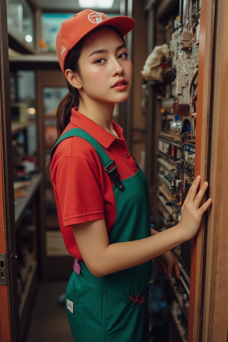 masterfully fuses human identity with technology, resulting in an otherworldly and captivating portrait. The subject, a young man dressed in a red baseball cap, a red collared shirt, and a green pants in style of a repairman.,hot body