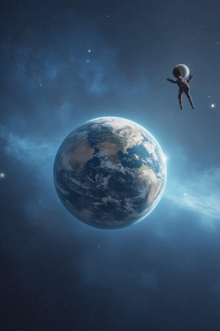 ((Space))  with a planet looks very similar to Earth, and there is a female flying around 