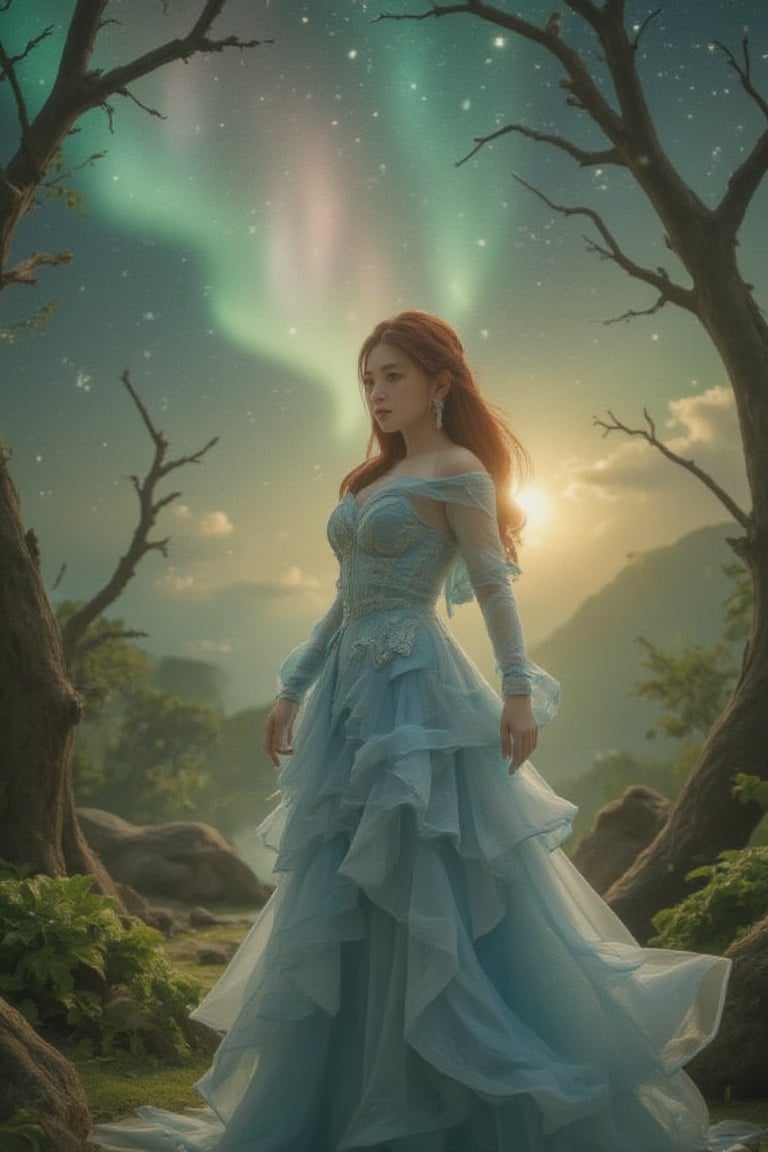 In this enchanting scene, a fiery-haired maiden stands tall before an ethereal forest, her turquoise and silver attire shimmering in harmony. A flowing white cloak, adorned with intricate silver embroidery, billows behind her like a cloud. Her gaze is fixed upon the celestial canvas above, where vibrant aurora borealis hues dance across the sky. The warm golden light of the camera bathes her radiant features, as if infused by an inner radiance. Lush greenery and twisted tree branches form a mystical backdrop, amplifying the sense of wonder and serenity that permeates this whimsical world.