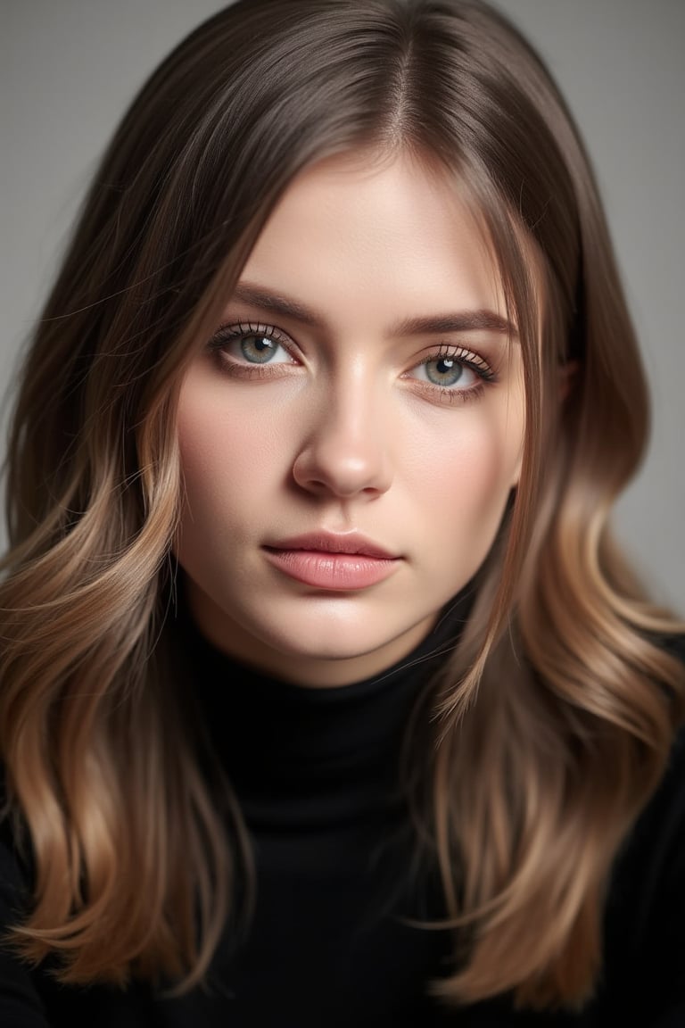 The image is a close-up portrait of a young woman's face. She has shoulder-length brunette hair that is styled in loose waves and falls over her shoulders. Her eyes are a deep blue color and her eyebrows are groomed and filled in. She is wearing a black turtleneck sweater and her lips are painted a soft pink color. The background is a neutral grey color, making the woman the focal point of the image. The lighting is soft and natural, highlighting her features.,pink art