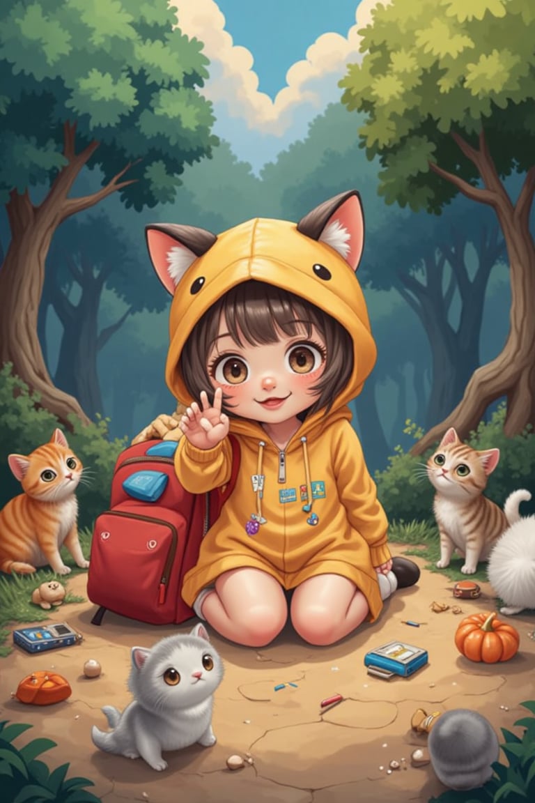 A whimsical masterpiece of a kawaii scene: a petite, big-eyed girl with adorable cat ears and a sweet smile, many cat around her, dressed in a cozy outfit, sits on the floor amidst a colorful array of scattered items from her overflowing ransel bag, as if she's about to start an adventure.,ExStyle