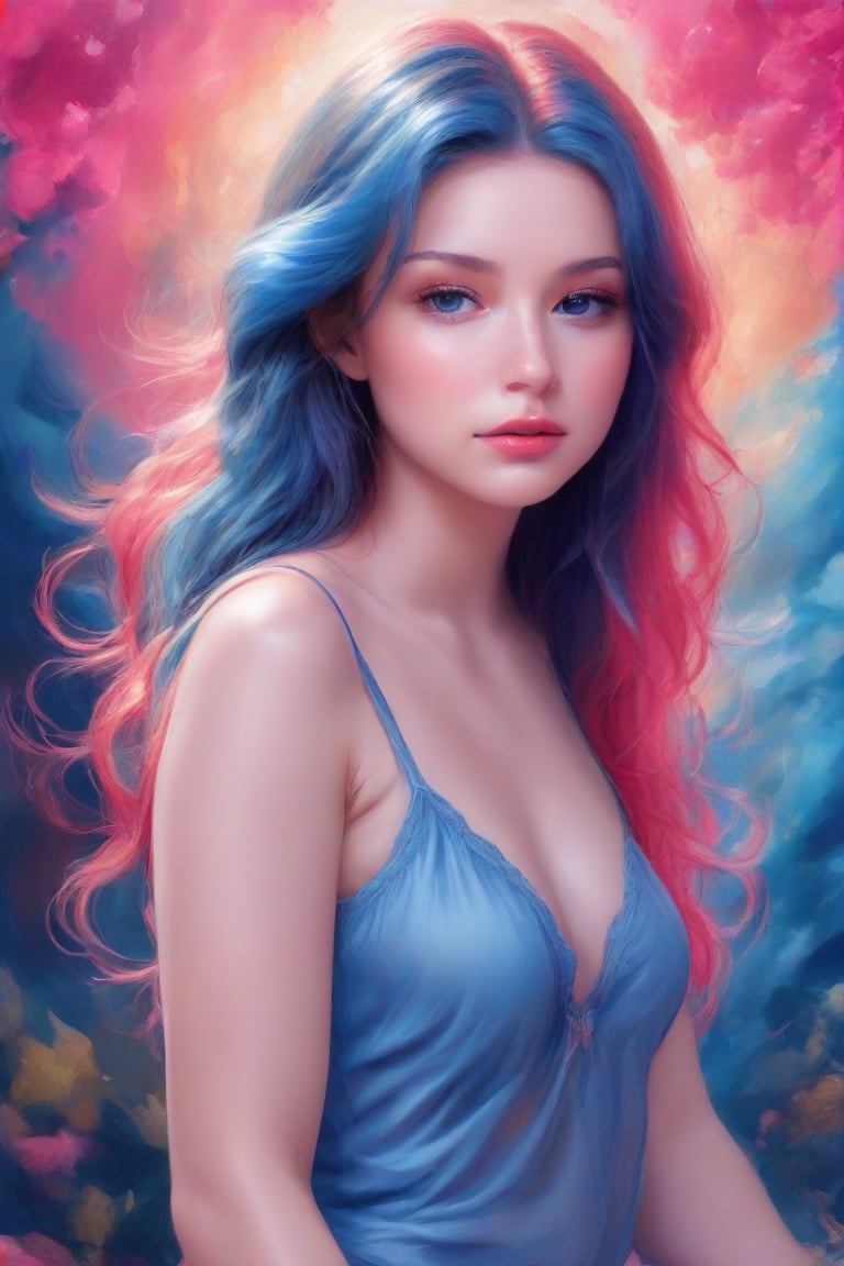 (best quality, masterpiece, ultra detailed, 8K, RAW photo), an oil paintiing of a beautiful student model,  a mix blue and pink medium hair style with luscious, big wavy locks framing her radiant face. Behind her, a vibrant digital abstract visuals adds a pop of color to the serene atmosphere.,Enhance,Realistic Enhance,Cartoon,Supreme,Truly Asian Beauty,1girl