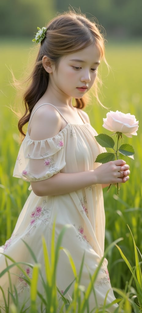 Ultra HD cinematography captures the tender moment: a young girl,  adorned in a flowing soft floral dress,  gently grasps...