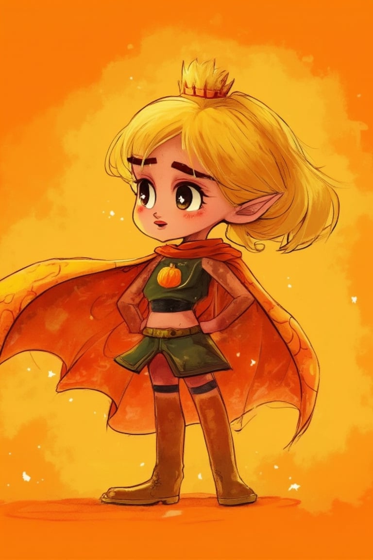 In vibrant, whimsical illustration style, depict a young girl, 'Pumpkin Supergirl', standing confidently against a warm orange background, reminiscent of autumn foliage. She dons a superhero cape with pumpkin-inspired patterns, flowing behind her like a fiery aura. Her bright yellow hair flows like a crown, as she gazes heroically into the distance, fists clenched in determination, surrounded by swirling orange and yellow sparks.