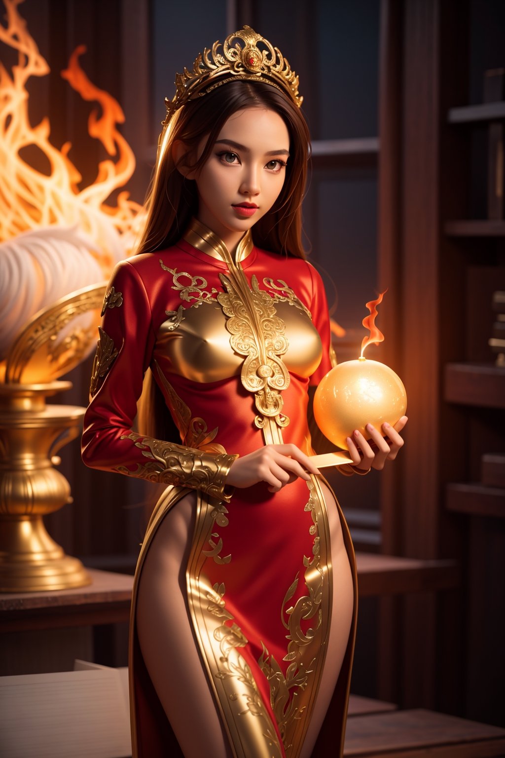 2.5D drawing,  sexy 18 year old girl wearing flame clothing,  flame hair by TDNM on Tensor.Art