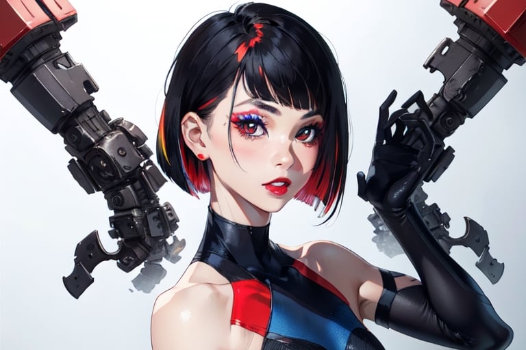 1girl,solo, upper body,looking at viewer, white background, bob cut, short hair, multicolored hair, makeup , parted lips, red lips, eyeliner, ,Young beauty spirit 