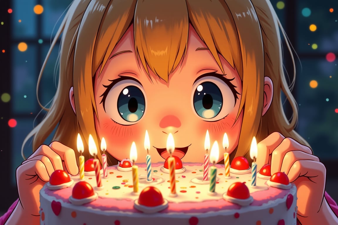 A whimsical anime scene: a big birthday cake with ((((14 sparkling candles)) on the hands of a litttle girl.