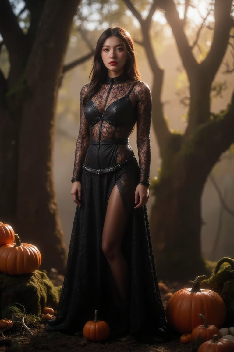 A striking Halloween costume ensemble adorns a majestic model standing amidst a darkened, misty forest at dusk. The camera captures the subject's elaborate getup from a low angle, emphasizing the towering pumpkins and twisted tree branches in the background. Soft, golden light casts long shadows across the moss-covered terrain as the model strikes a confident pose, their glowing eyes the only beacon of mischief amidst the eerie atmosphere.