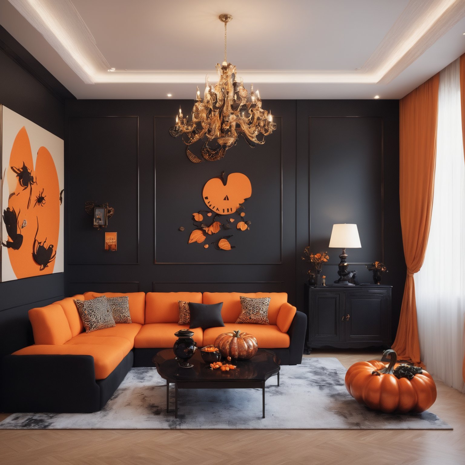 Masterpiece, raw photo, 1 bedroom , elegant and luxury, modern style. Black and orange pumpkin colors only, modern equipments, Halloween decorated,Retouch all bugs,more detail XL,Unique Masterpiece