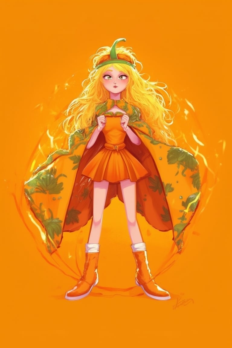 In vibrant, whimsical illustration style, depict a young girl, 'Pumpkin Supergirl', standing confidently against a warm orange background, reminiscent of autumn foliage. She dons a superhero cape with pumpkin-inspired patterns, flowing behind her like a fiery aura. Her bright yellow hair flows like a crown, as she gazes heroically into the distance, fists clenched in determination, surrounded by swirling orange and yellow sparks.