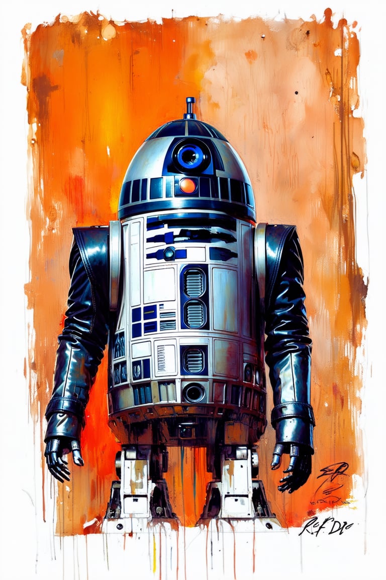 art by simon bisley, art by ralph steadman, art by vallejo, a masterpiece, stunning detail, (((R2D2 the droid))), supreme leader of the empire,  a proud figure, superior in power, knowledge and might, wearing a black panama hat and a black leather jacket, 