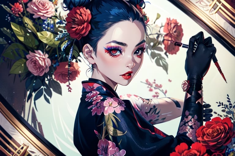 1girl,solo,looking at viewer, flower textures background, bun_hair, multicolored hair, makeup, parted lips, red lips, eyeliner, ,Young beauty spirit of Asia, is preparing for fight somebody, full HD