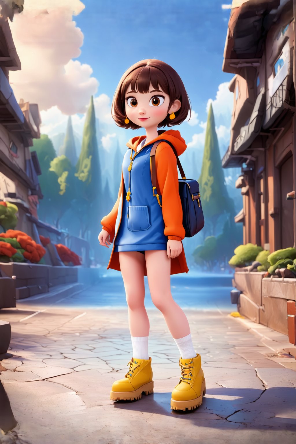 1girl, solo, looking at viewer, short hair, bangs, brown hair, long sleeves, brown eyes, jewelry, closed mouth, standing, full body, earrings, shoes, socks, hood, bag, black eyes, white socks, child, hood up, yellow footwear, raincoat,pixar style,Enhance,Cartoon