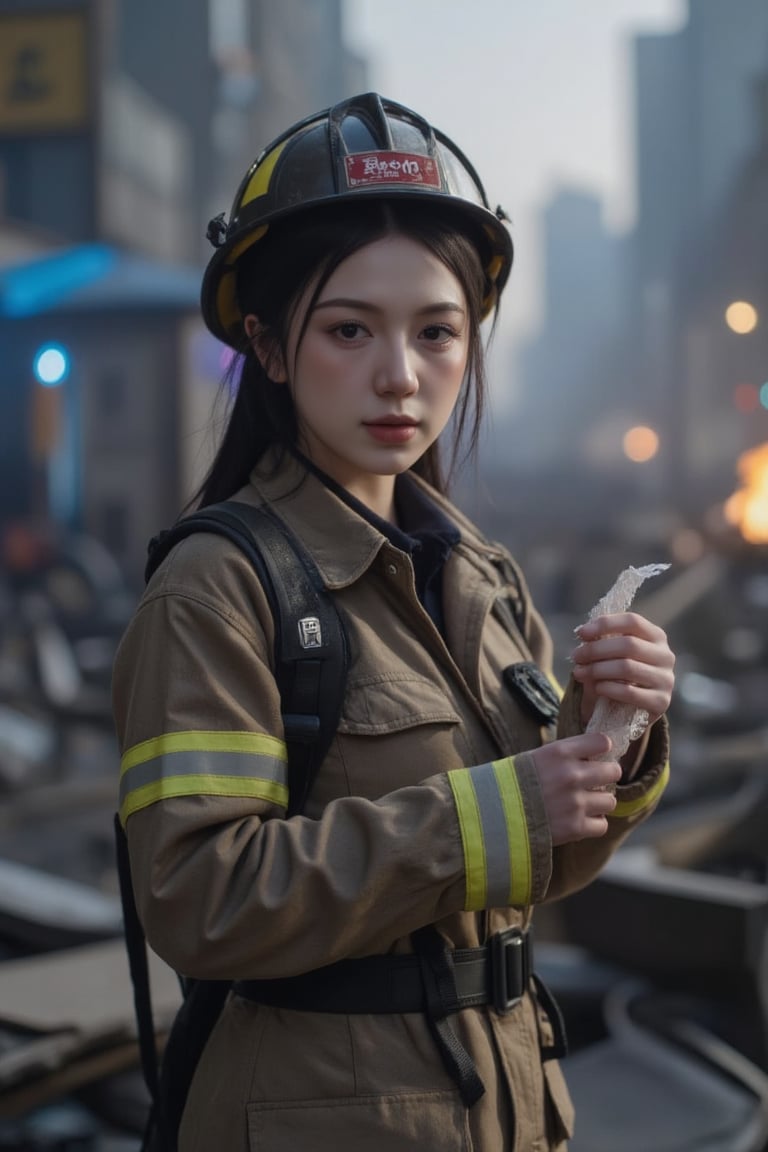 A cinematic, film-noir inspired scene evoking the atmospheric style of David Fincher, set against a gritty, smoke-filled cityscape at dusk. A slender, 5'8" Asian-American female firefighter, Mei, with porcelain skin and raven-black hair, stands amidst the ruins, her rugged, flame-scorched coat and helmet a testament to her bravery. Her eyes, a deep, piercing brown, hold a mix of exhaustion and determination as she surveys the devastation. In the foreground, a delicate, lace-trimmed handkerchief clutched in her palm, a poignant reminder of her personal loss amidst the chaos. Soft, golden light from a distant streetlamp casts long shadows, accentuating the lines of her face, while a faint, blue-purple haze from a nearby fire casts an otherworldly glow. The image is shot on 35mm film, with a shallow depth of field, emphasizing Mei's features and subtly blurring the background. A slight film grain and warm color grading, reminiscent of Kodak Portra 400, add a sense of nostalgia and grit to the scene.,teenager