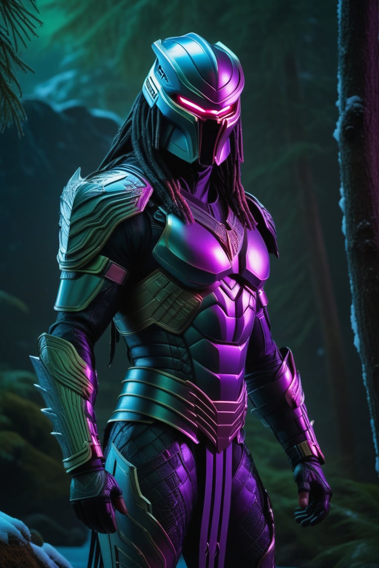 Describes a character in elaborate armor,  inspired by the Predator from the Predator film series. Neon-edged,  metallic p...