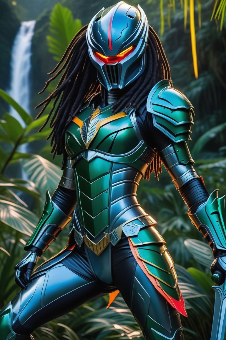 Describes a character wearing an elaborate suit of armor inspired by the Predator from the Predator film series. A very fe...
