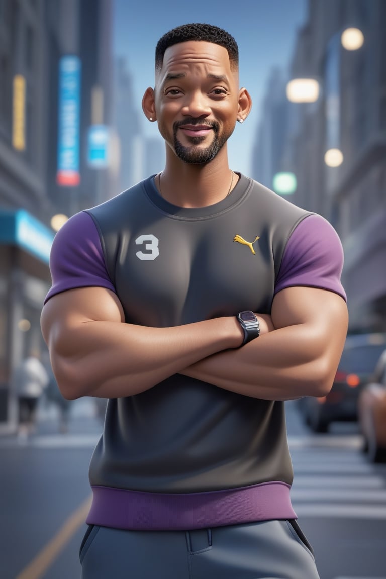 Pixar-style full-length caricature of a mischievous Will Smith in a dynamic pose on a bustling city street, wearing a sports sweatshirt, created by Greg Rutkowski with sharp focus, depth of field, perfect composition and intricate details. , trending on ArtStation and featured on Pixiv Fanbox, digital art, 8K HDR, ultra-realistic, with the feeling