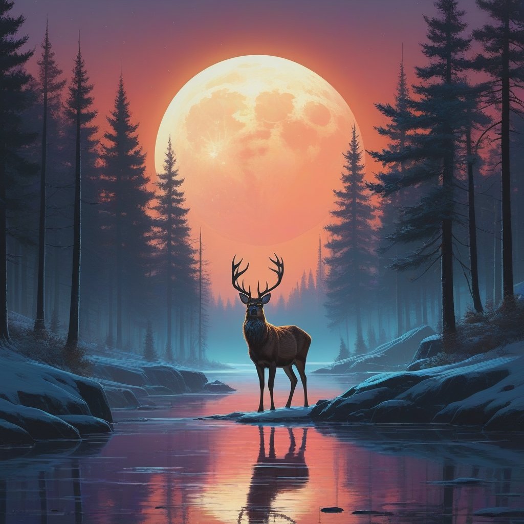 Detailed fine art print of a (Beautiful Deer,  fluffy) standing in a moonlit beam,  professional sinister concept art by M...