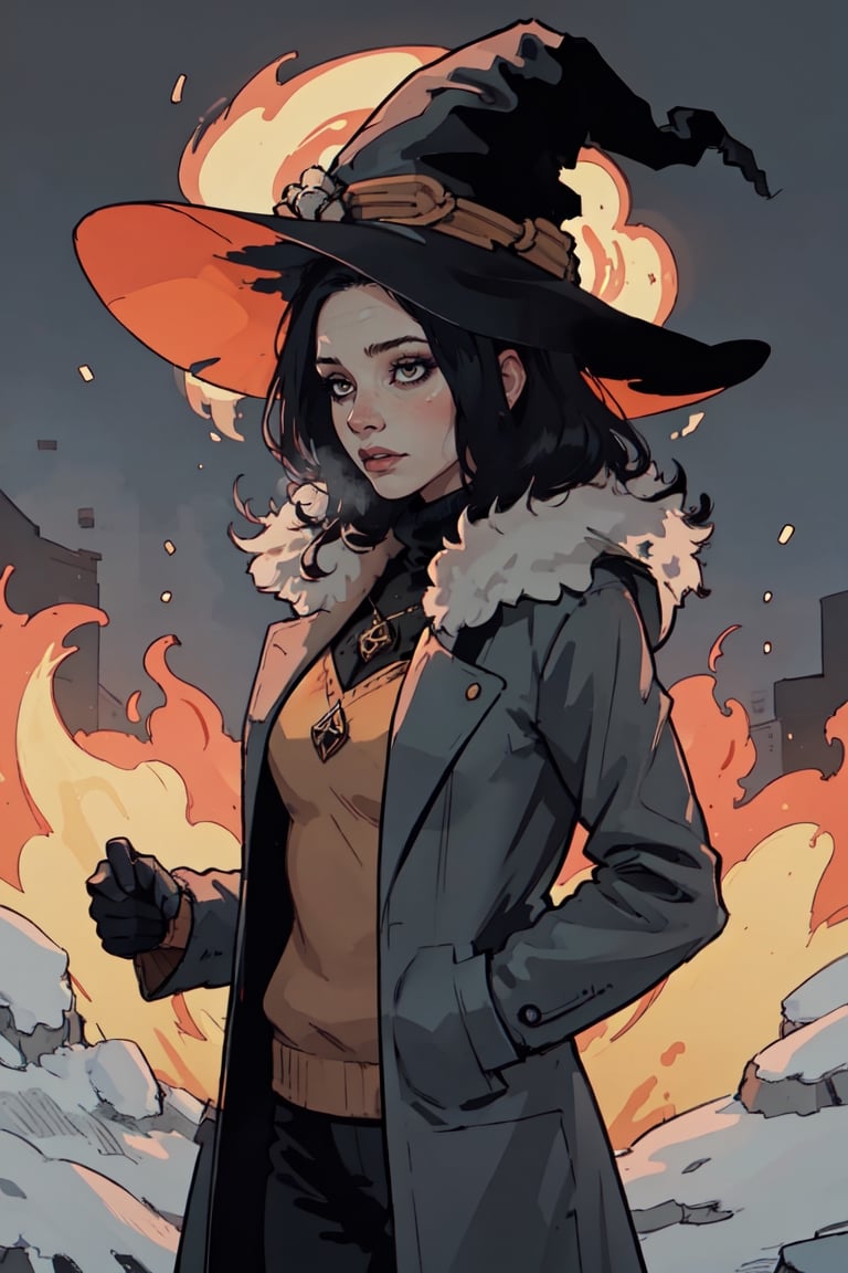 (best quality,  masterpiece),  1girl,  winter,  coat,  fire witch