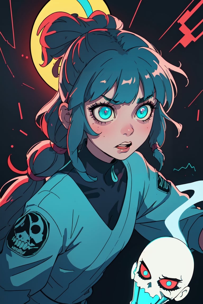 (best quality,  masterpiece),  ghost,  poltergeist girl,  spectrum body,  female,  Intricate phantom Features,  Scary Face,  Dreadlocked Hair,  Long Bangs,  Long Ponytail,  Neon Teal,  Dark neon Eyes,  Indian Art,  Lofi,  dynamic,  sharp focus,retro