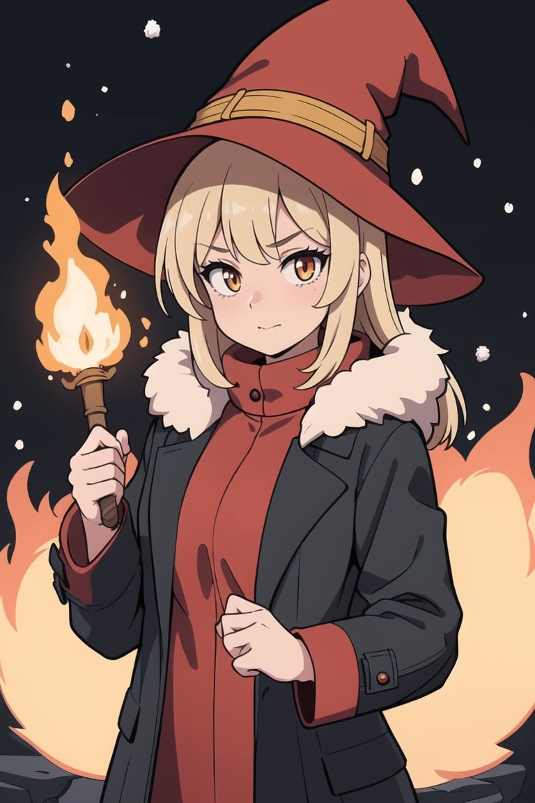 (best quality,  masterpiece),  1girl,  winter,  coat,  fire witch