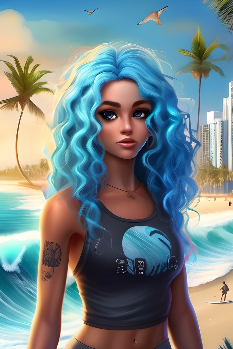 (Surfer clothing),  (long blue hair),  (curly hairstyle),  ((black_eyes)),  big eyes,  surfer style custom,  (expressive eyes),  sharpest quality,  extremely detailed,  high resolution,  1 girl,  (calm_expression),  (competitive_attitude),  ((miami beach background)), bright atmosphere.