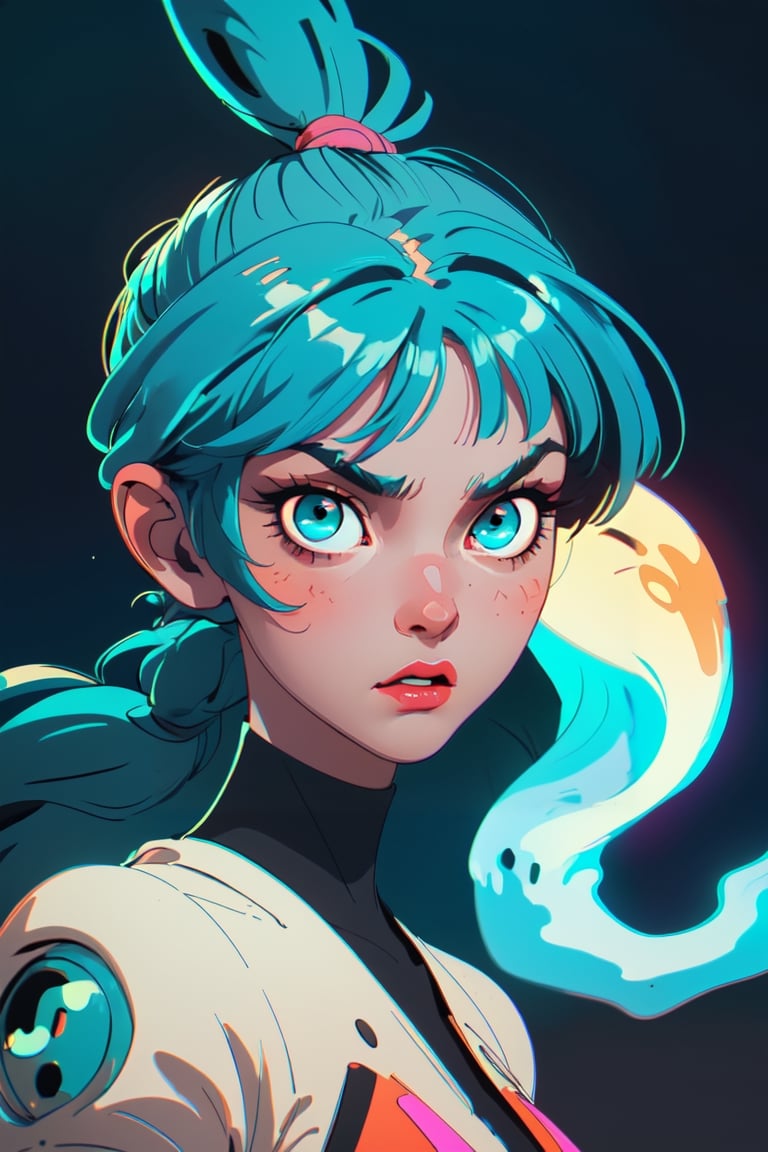 (best quality,  masterpiece),  ghost,  poltergeist girl,  spectrum body,  female,  Intricate phantom Features,  Scary Face,  Dreadlocked Hair,  Long Bangs,  Long Ponytail,  Neon Teal,  Dark neon Eyes,  Indian Art,  Lofi,  dynamic,  sharp focus,retro