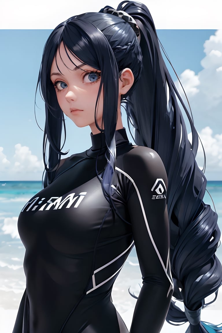 (Surfer clothing),  (long blue hair),  (curly hairstyle),  ((black_eyes)),  big eyes,  surfer style custom,  (expressive eyes),  sharpest quality,  extremely detailed,  high resolution,  1 girl,  (calm_expression),  (competitive_attitude),  ((miami beach background)), bright atmosphere.