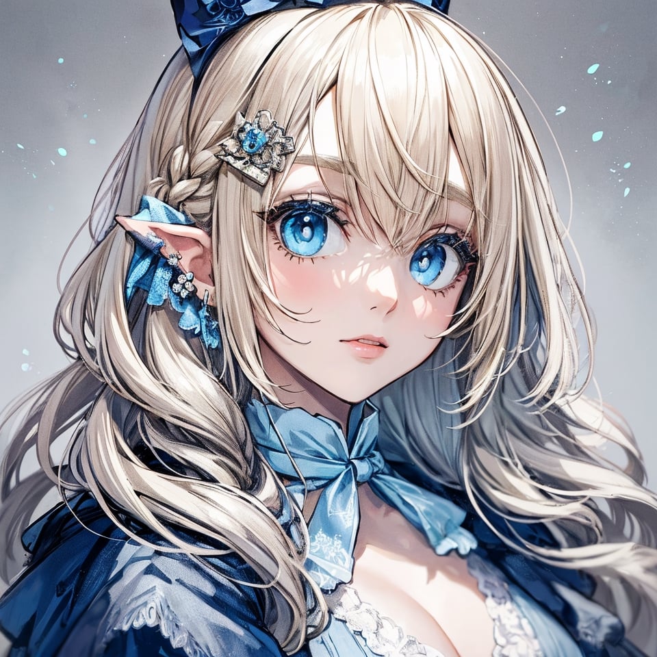 a girl, victorian light blue dres  style, extremely detailed ((Ultra-Detailed)) charming female, straight light_blonde_hair, gray_eyes, _ears, head_portrait, blue dress, brown_scarf, face, 